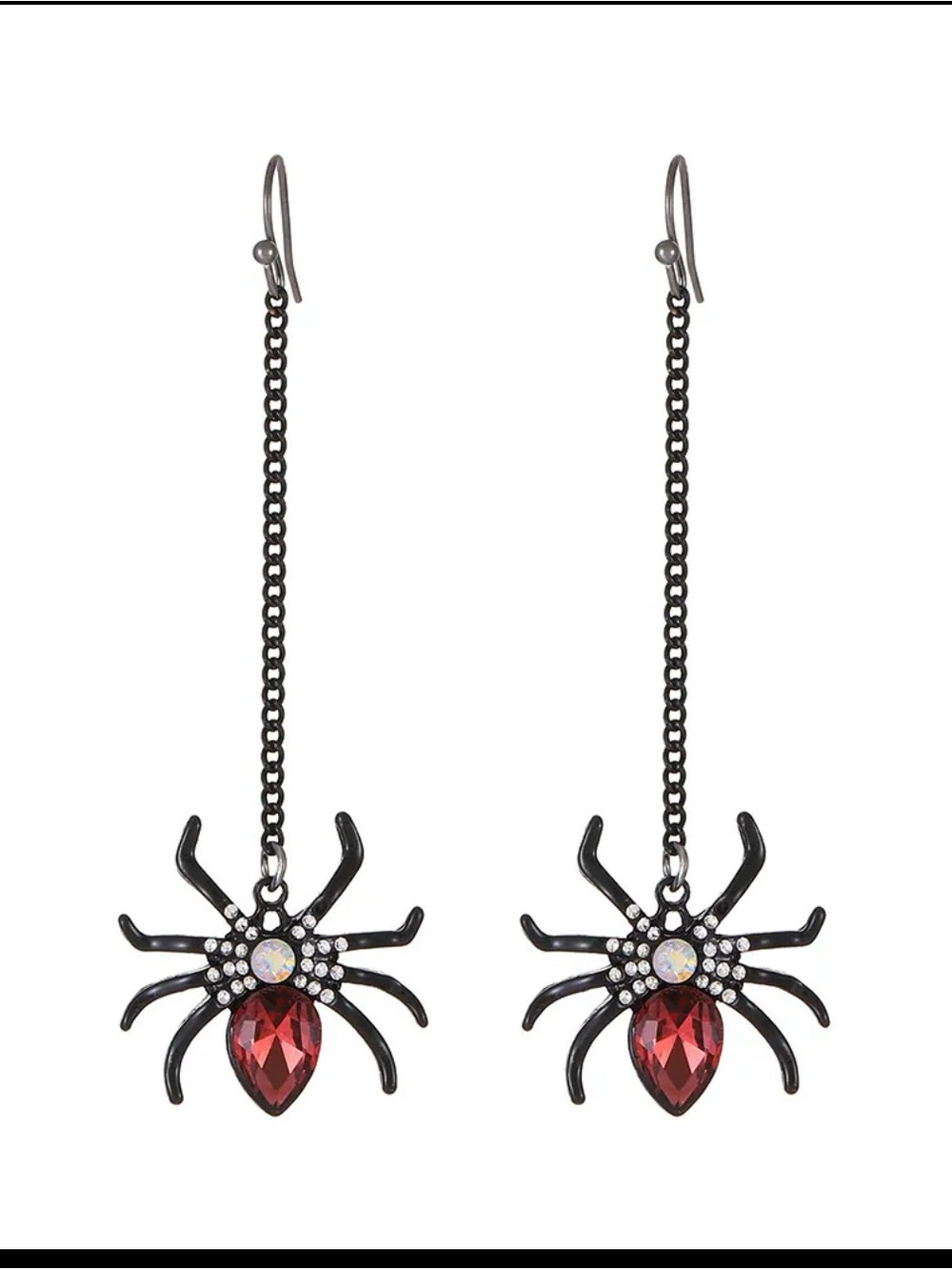 Black Spider Drop Earrings with Red Teardrop Gem and Crystal Accents